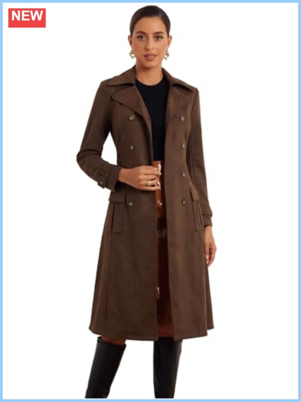 Faux Suede Trench Coat Notch Lapel Double-Breasted Ankle Length